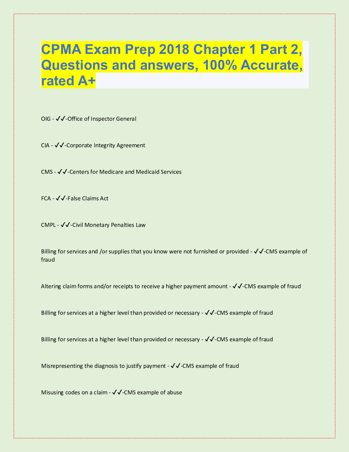 Preview image for CPMA Exam Prep 2018 Chapter 1 Part 2,  Questions and answers, 100% Accurate,  rated A+